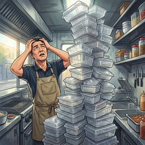 かさばる容器を天井まで積み上げて絶望するキッチンカー店主の様子