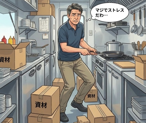 狭い車内、足元に資材の段ボールが置いてあって、移動するたびにカニ歩きになっている様子