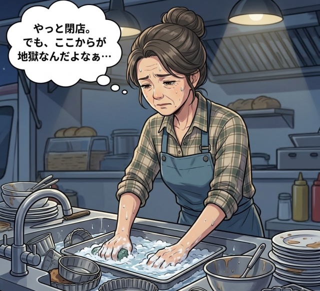 閉店後の洗い物に苦労している画像