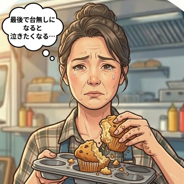 焼き上がったマフィンを型から外すときに、マフィンが崩れてショックを受けている画像