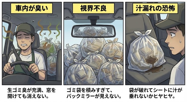 容器の角が当たって、ゴミ袋が破れやすくなる（汁漏れの原因！）空気がたくさん入っているため、袋の口を完全に密閉するのが難しい。 その隙間から、強烈なソースや油の酸化臭が車内に漏れ出す。