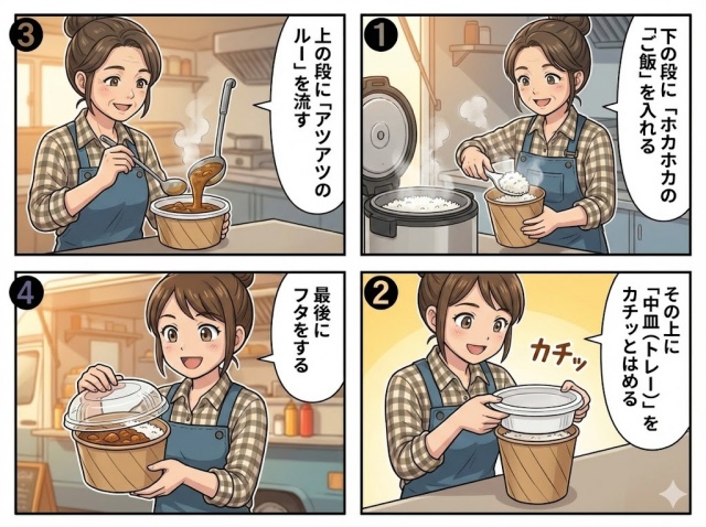 下の段に「ホカホカのご飯」を入れるその上に「中皿（トレー）」をカチッとはめる 上の段に「アツアツのルー」を流す 最後にフタをする