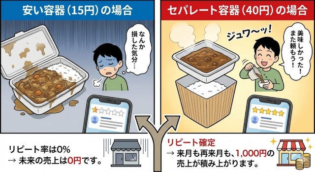 安い容器（15円）の場合とセパレート容器（40円）の場合の違い