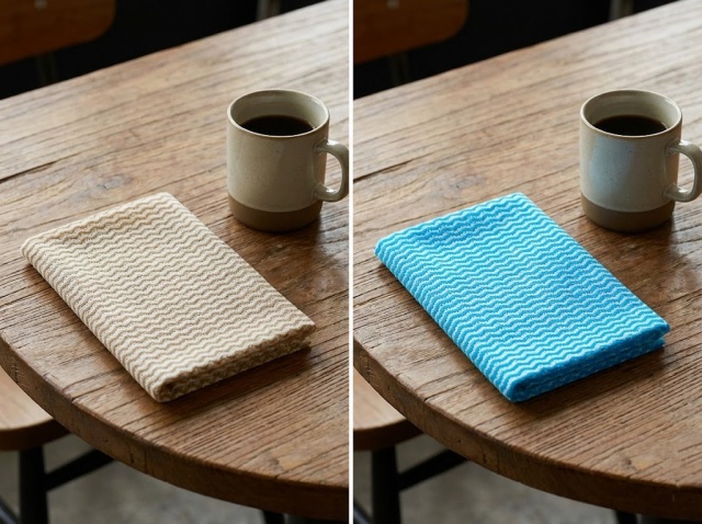 木目調のカフェテーブルに馴染むベージュのクロスと、浮いてしまう青いクロスの比較写真