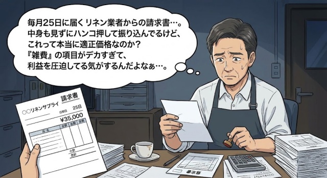 毎月25日に届くリネン業者からの請求書…。中身も見ずにハンコ押して振り込んでるけど、これって本当に適正価格なのか？ 『雑費』の項目がデカすぎて、利益を圧迫してる気がするんだよなぁ…。