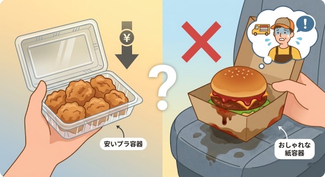 「安っぽく見えてしまうプラ容器」と、理想だが「油漏れが怖いクラフト紙容器」のジレンマを視覚化したイラスト画像