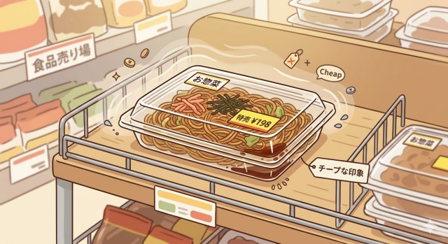 透明なフタのついたプラスチック容器の実用性と、チープな印象の両方を表現した画像