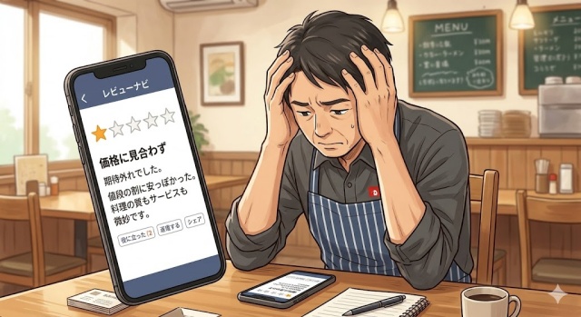 スマホの画面に映る「値段の割に安っぽかった」という低評価レビューと、頭を抱える店長のイメージ画像