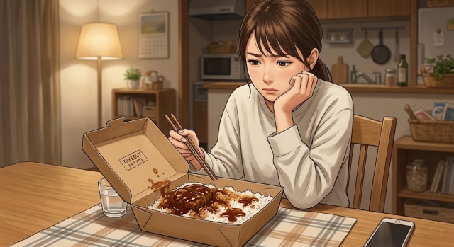 自宅のテーブルで、ご飯にソースが染み込んでぐちゃぐちゃになったお弁当を見てがっかりしているお客様のイメージ画像。