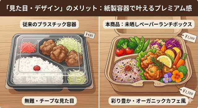 安っぽいプラスチック容器のお弁当と、未晒しのクラフト紙でおしゃれに高見えするペーパーランチボックスのお弁当の比較