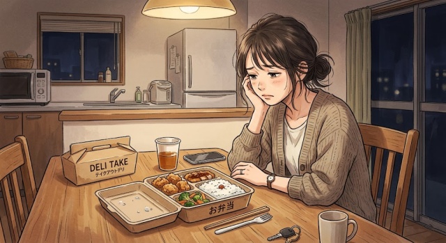 冷え切ったお弁当と、それを残念そうに見つめるお客様のイメージ画像