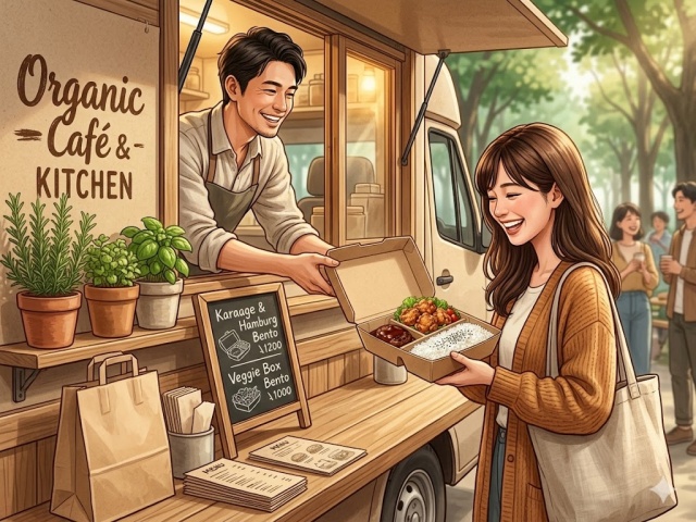 未晒しのペーパーランチボックスを受け取り、笑顔になるお客様の様子