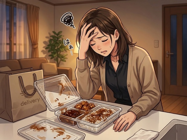 配達中の揺れで中身が混ざってしまった残念なデリバリー弁当と、落胆するお客様のイメージ画像