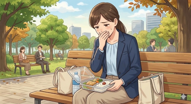 透明なプラスチック容器に入った見栄えのしないお弁当と、それを見て落胆するお客様のイメージ画像