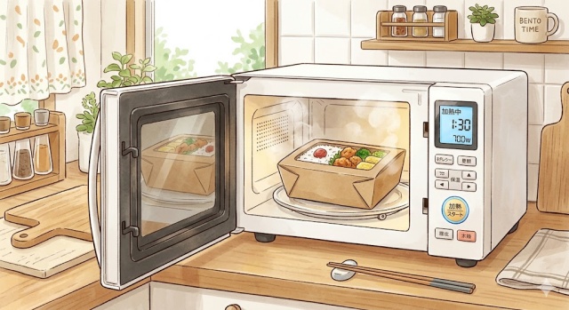 電子レンジにペーパーランチボックスをそのまま入れている画像