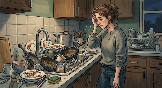 シンクに山積みになった洗い物を見てため息をつく人のイメージ画像