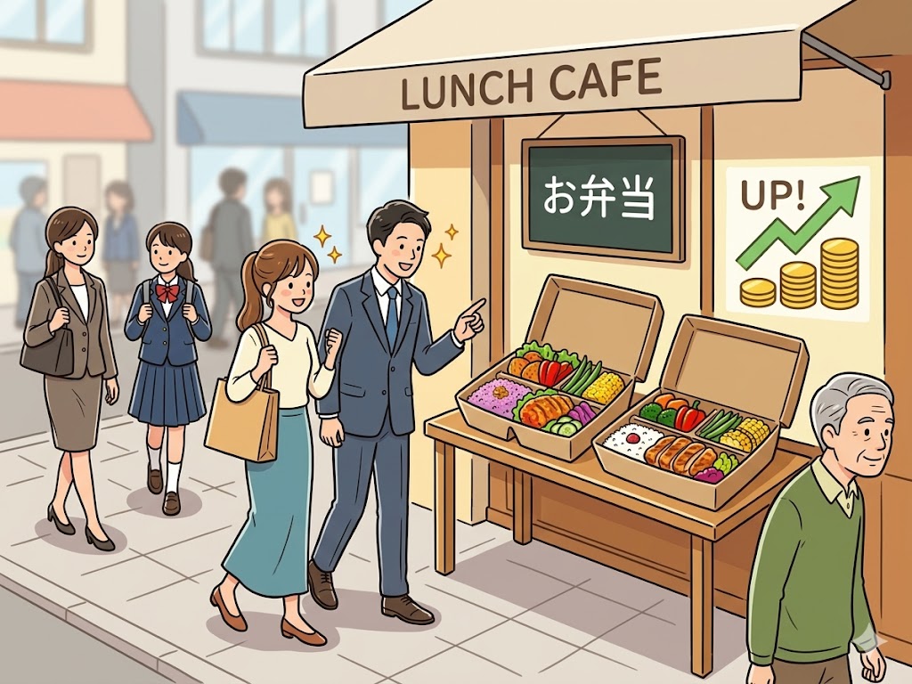 店頭に並べるお弁当の見栄えが良くなることで、通りすがりの新規客の目に留まりやすくなっていることを表現したイメージ画像