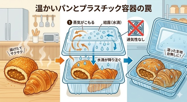 揚げたてのカレーパンとクロワッサンを密閉されたプラスチック容器に入れた際、通気性がないために蒸気が結露となり、水滴がパンに降り注いでサクサクの生地が台無しになる過程を図解した3ステップのイラスト。
