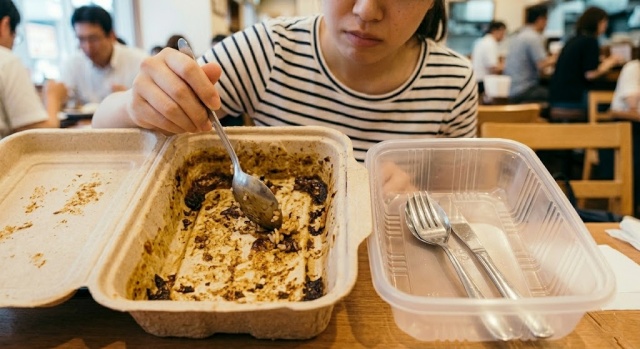 バガス容器の底にべっとりこびりついたご飯と困っている顧客