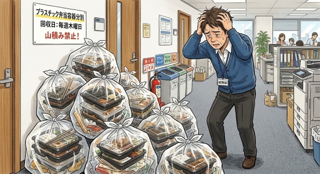 プラスチック容器のお弁当ゴミの処分に悩む企業の総務担当者