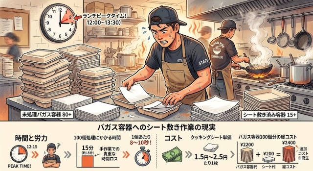 忙しい厨房でバガス容器にクッキングシートを敷く作業に追われる店主