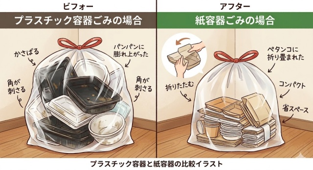かさばるプラ容器と、平らに畳んでゴミを削減できるペーパーランチボックスの比較