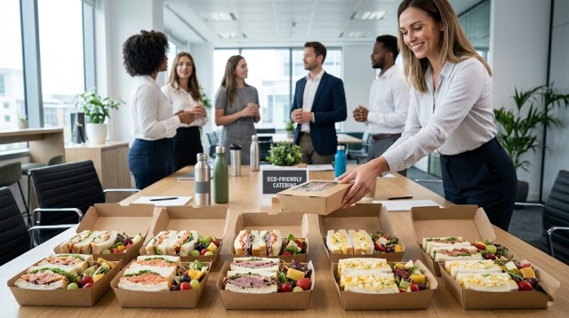 オフィスの会議で提供される、環境に配慮したおしゃれな未晒しクラフトの紙製ランチボックスセット