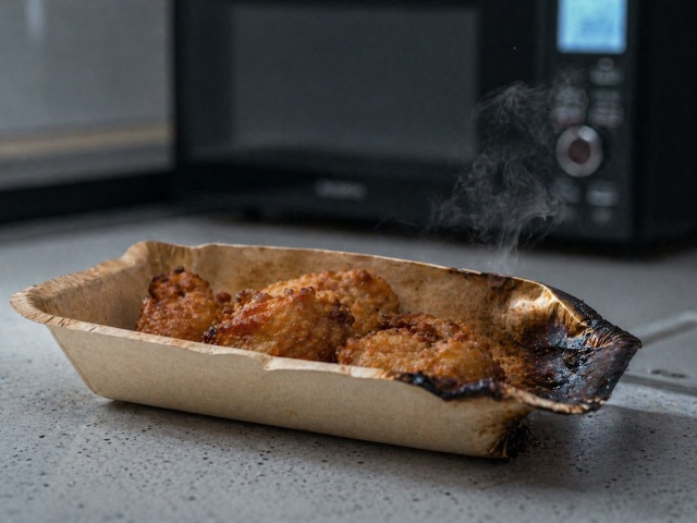 電子レンジの加熱によってフチが焦げて変形してしまった安価な業務用紙トレーの失敗例