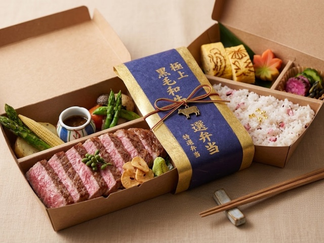 黒毛和牛ステーキが盛り付けられた高級感のある未晒しペーパーランチボックス