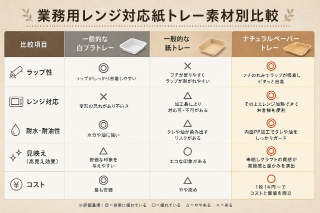 一般的なプラスチックトレー、従来の紙トレー、ナチュラルペーパートレーの「ラップ性、レンジ対応、耐水耐油性、見映え、コスト」を比較した表。