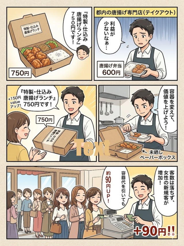 安価な透明プラ容器で600円で販売していた唐揚げ弁当を、ペーパーランチボックス（未晒し）に変更した事例