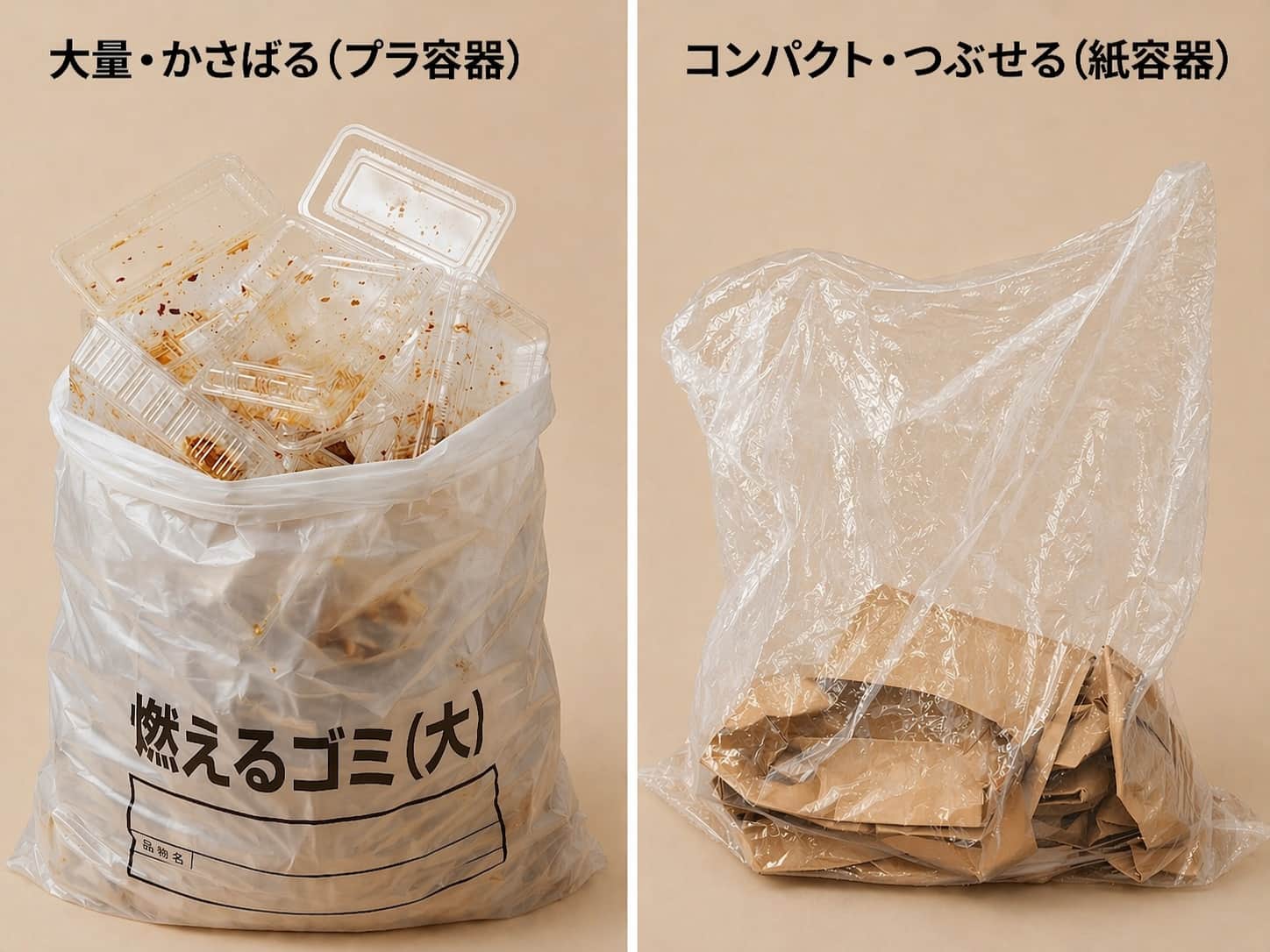 使用済みでかさばるプラ容器の山と、パタンと平らに畳んでコンパクトになった同数の使用済みペーパーランチボックスの比較