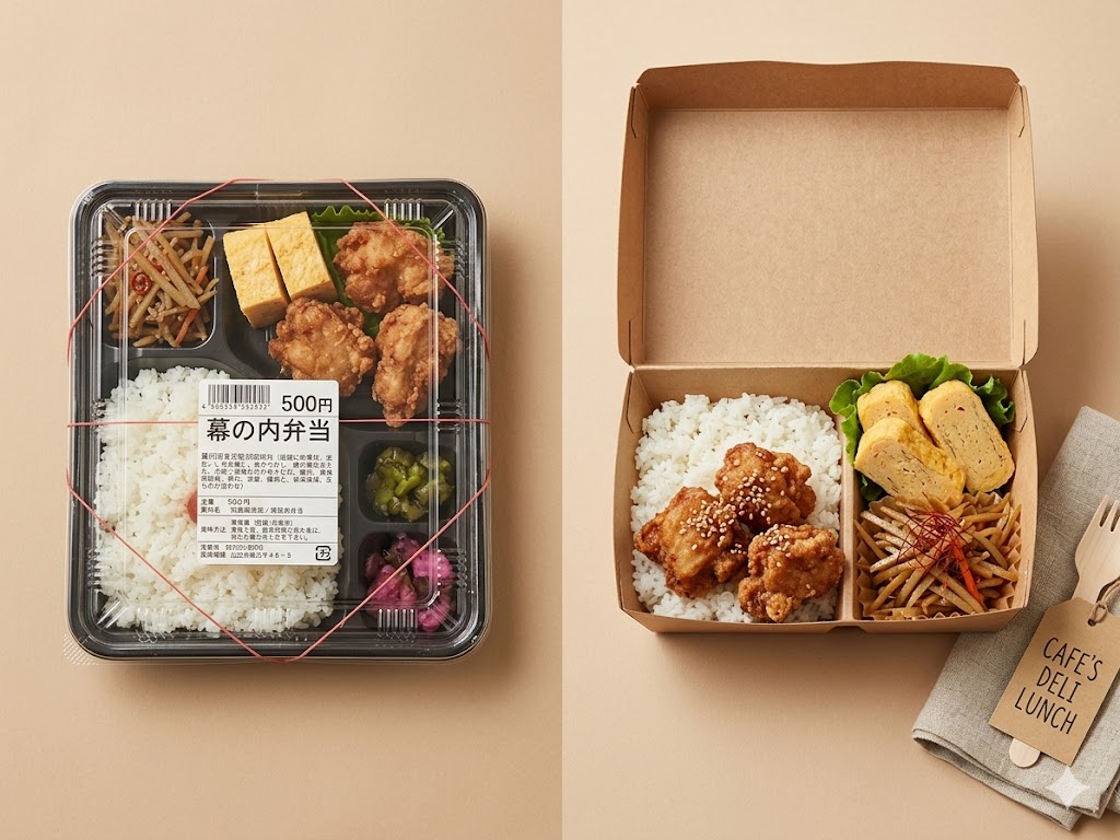 シンメイのペーパーランチボックス（仕切り付き・未晒し）に、ハンバーグや野菜のおかずが立体的に美味しそうに盛り付けられた様子