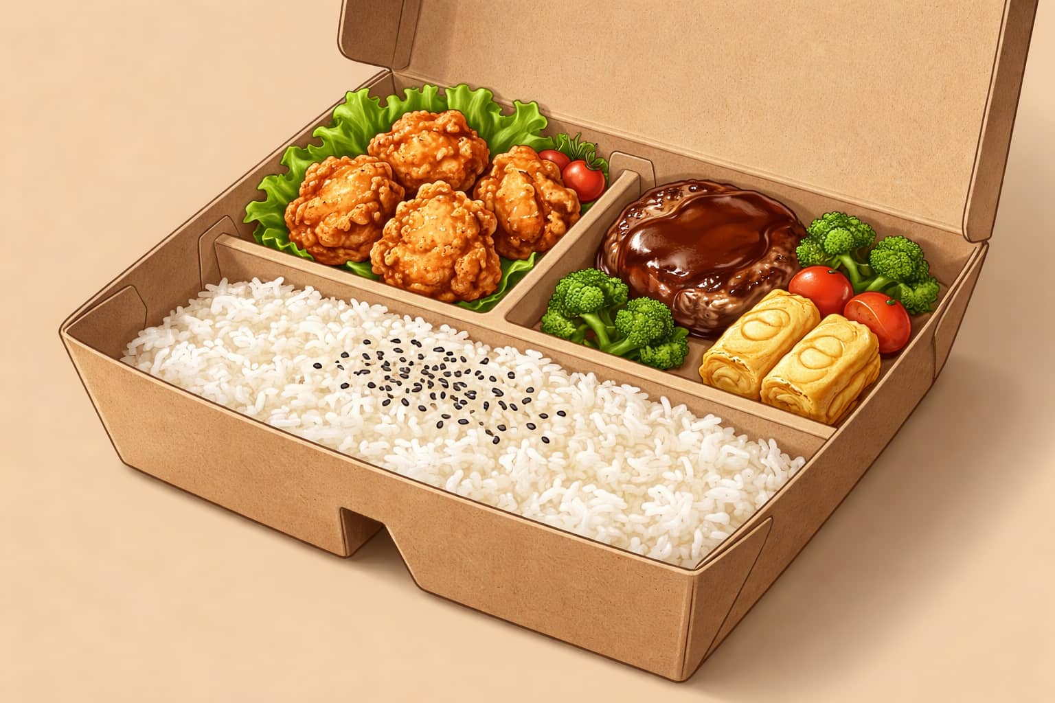 仕切りを使って、アルミカップなしで綺麗に盛り付けられたお弁当のアップ画像