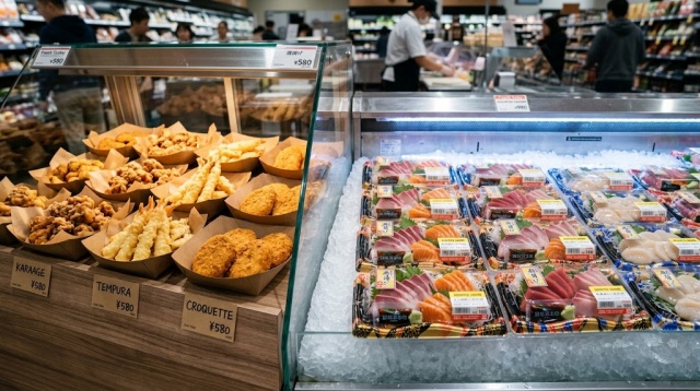 クラフト紙トレーに盛られた温かみのある惣菜と、黒いプラスチックトレーに盛られた新鮮な刺身が陳列棚に並んでいる画像