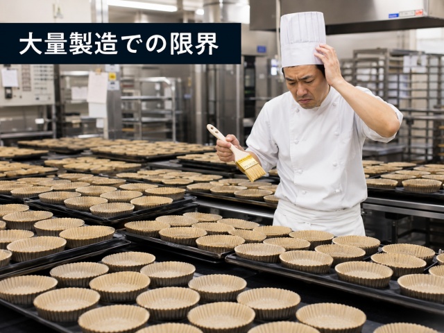 多数の焼き型に油を塗る手間を負担に感じるスタッフ