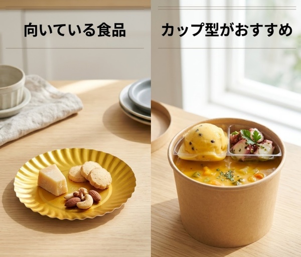 紙製ミニトレーに向いている食品とカップ型容器が向いている食品の比較