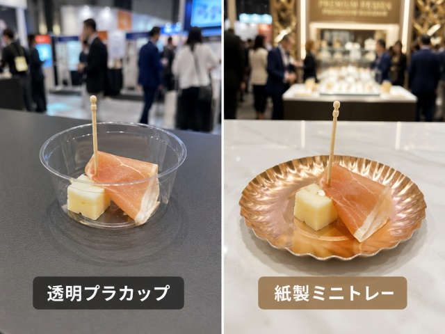 透明なプラカップと高級感のある紙製ミニトレーに乗せた試食品の見栄えの比較