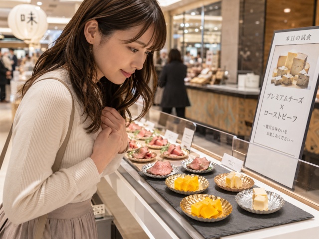 デパ地下の試食販売コーナーで商品を眺めるお客様