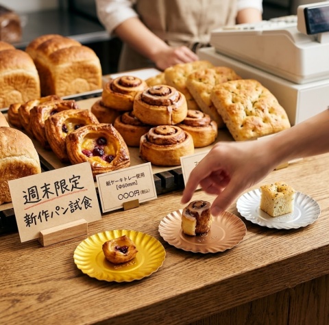 POPと試食トレー、そして販売用商品がセットで配置されたレジ横の導線