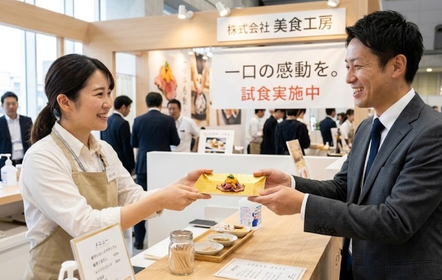 展示会ブースで来場者に紙製ミニトレーに乗せた試食を手渡ししている様子