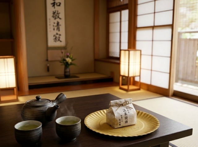 温泉旅館のお茶セットの横に置かれた、ゴールドのミニトレーに乗った個包装の和菓子