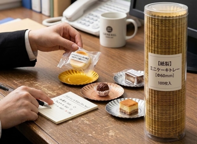 バックヤードで100枚入りの紙製ミニトレーとお菓子の相性をテストしている様子