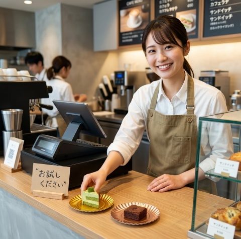 笑顔でレジ横のわずかなスペースに試食トレーとPOPをセッティングするカフェスタッフ