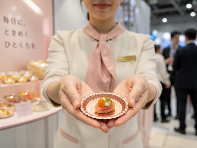 スタッフが来場者に向けて紙製ミニトレーに乗せた試食品を自信を持って差し出している様子