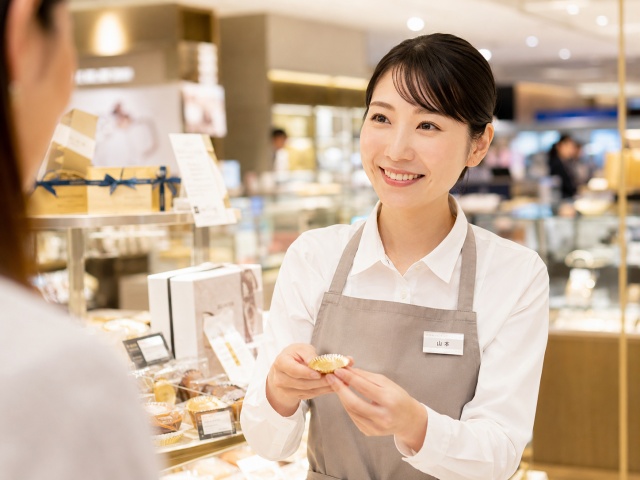 デパ地下でお客様の質問に笑顔で答える推奨販売スタッフ