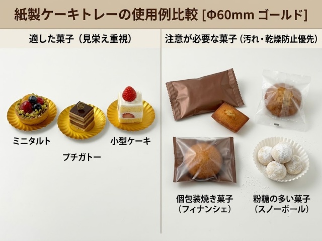 紙製ケーキトレーに向いているプチガトーと注意が必要な個包装菓子の比較