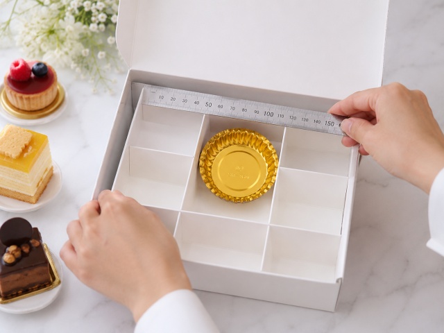 ギフト箱の仕切りに紙製ケーキトレーが収まるか定規で確認している様子