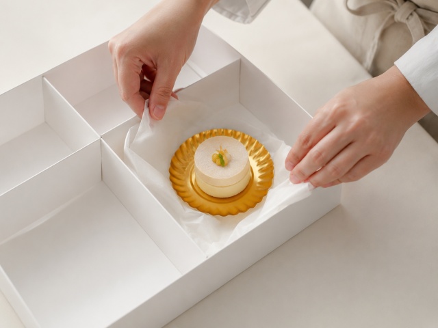 ギフト箱の隙間を緩衝材で埋めて紙製ケーキトレーのズレを防ぐ様子