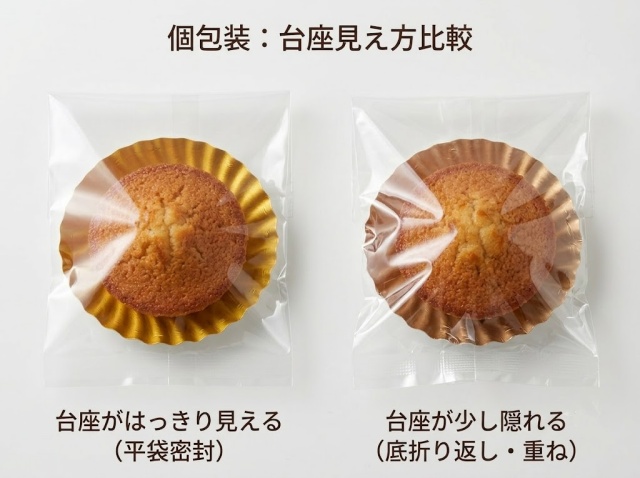 透明包装越しに紙製ケーキトレーが見える場合と隠れる場合の比較